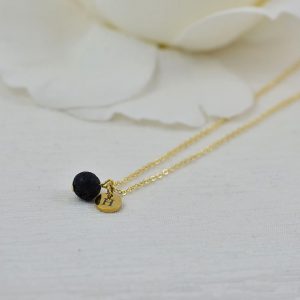 Dainty Gold Lava Stone Necklace, Personalised Aromatherapy Diffuser Necklace for Essential Oils, Engraved Initial Necklace, Silver Necklace 19