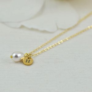 Dainty Gold Pearl Drop Necklace, Initial Personalised Charm Necklace, Bridesmaids Wedding Necklace, Engraved Initial Gold Pearl Necklace 18