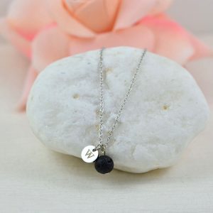 Dainty Silver Lava Stone Necklace, Aromatherapy Diffuser Personalised Necklace for Essential Oils, Engraved Initial Silver Necklace 21