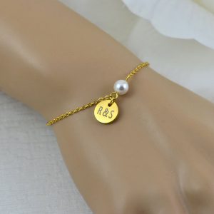 Gold Swarovski Pearl Bracelet Jewellery, Dainty Gold Bridesmaids Personalised Engraved Initial Bracelet, Elegant Letter Bracelet Jewellery 18