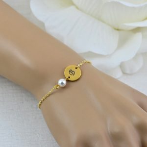 Gold Swarovski Pearl Bracelet Jewellery, Dainty Gold Personalised Engraved Initial Bracelet, Bridesmaids Letter Personalised Bracelet 23