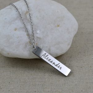 Personalised Name Bar Necklace, Name Engraved Rectangle Necklace, Initials Personalised Charm Tag Necklace, Customised Silver Necklace 25