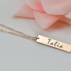 Personalised Name Rose Gold Necklace, Engraved Initials Rectangle Necklace, Name Personalised Charm Necklace, Customised Rosegold Necklace 29