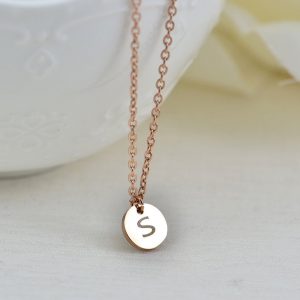 Personalised Rose Gold Initial Necklace, Initials Engraved Necklace, Initial Letter Round Charm Tag Necklace, Customised Silver Necklace 21