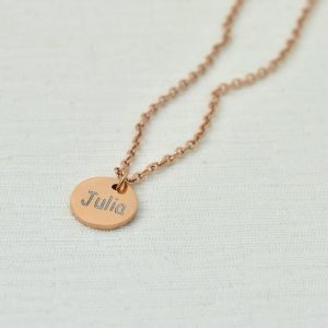 Personalised Rose Gold Name Necklace, Initials Engraved Necklace, Name Personalised Round Charm Tag Necklace, Customised Silver Necklace 14