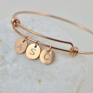 Rosegold Charm Initial Bangle Bracelet, Engraved Personalised Bridesmaids Stainless Steel Bracelet, Adjustable Initial Charm Bracelet 35