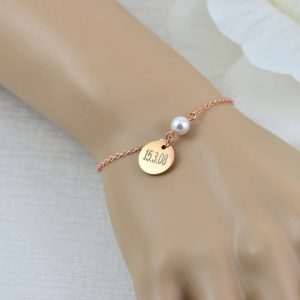 Rosegold Swarovski Pearl Name Bracelet Jewellery, Dainty Bridesmaids Personalised Engraved Initial Bracelet, Letter Bracelet Jewellery 22