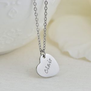 Silver Heart Personalised Name Necklace, Engraved Heart Necklace, Name Personalised Charm Stainless Steel Necklace, Customised Jewellery 12