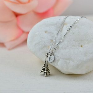 Silver Initials Eiffel Tower Necklace, Personalised Charm Engraved Necklace, Bridesmaids Wedding Engraved Initial Silver Necklace, 18