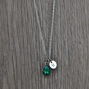 Silver Initials Emerald Crystal Necklace, Personalised Everyday Charm Necklace, Bridesmaids Wedding Engraved Initial Silver Drop Necklace 28