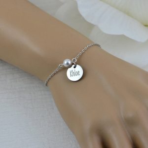 Silver Swarovski Pearl Name Bracelet Jewellery, Dainty Silver Bridesmaids Personalised Engraved Initial Bracelet, Letter Bracelet Jewellery 20